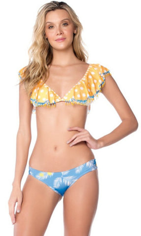 Yellow dots Leaves Ruffle Bralette Bikini Top with Scrunch Back Bikini Bottom Set