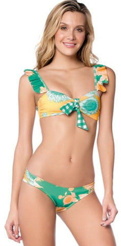 Green Sunflower Print Bandeau Bikini Top with Scrunch Back Bottom Set