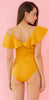 Yellow Asymmetric Off Shoulder Ruffles Swimsuit