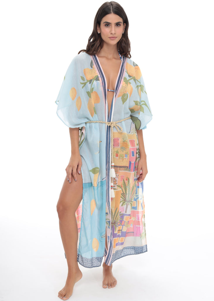 MILONGA Light Blue Art Deco Kaftan-style Beach Coverup