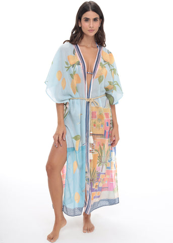 MILONGA Light Blue Art Deco Kaftan-style Beach Coverup