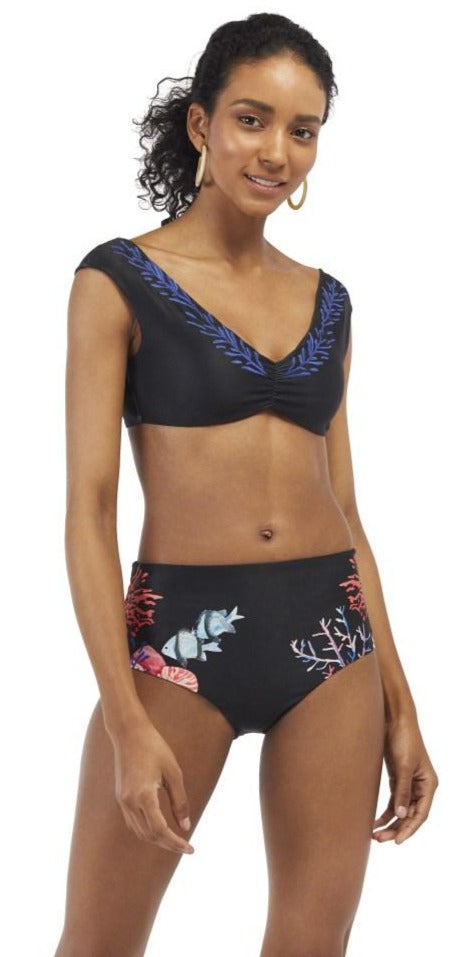 Black Embroidery Wide Strap Bralette Bikini Top with Seamless High Waist Bikini Bottom Set