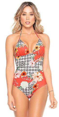 Orange Floral One Piece Swimsuit with Tummy Control