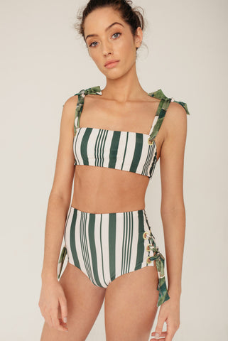 Tropical Green Stripe Bandeau Bikini Top with High Waist Bottom Set