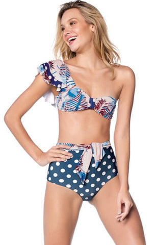 Navy Guacas Asymmetric Bandeau Bikini Set with High Waist Bottom