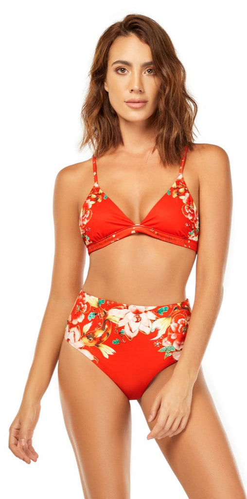 Red Bloom Triangle Bikini Top