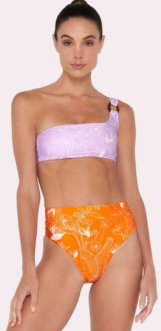 Lilac Bird Of Paradise Asymmetric One Shoulder Bikini Top with High Waist Bottom
