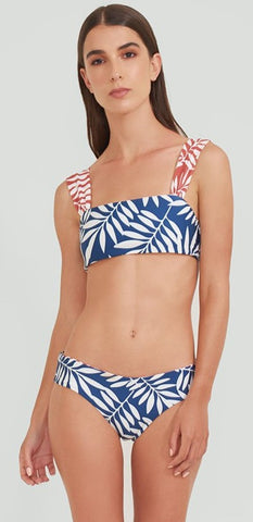 Wide Strap Palm Leaves Bandeau Top with Reversible Bikini Bottom