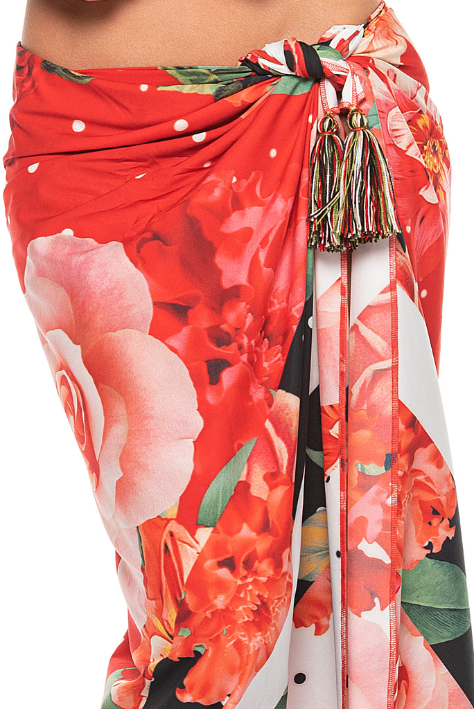 Red Large Print Floral Tassels Pareo