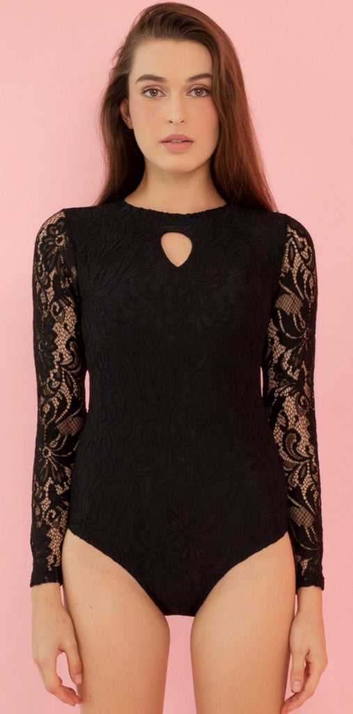 Black Lace Layover Long Sleeves Swimsuit